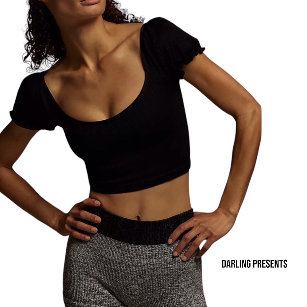 Free People Happiness Runs Puff Sleeve Crop Tank Top Women Color Black Size M/L